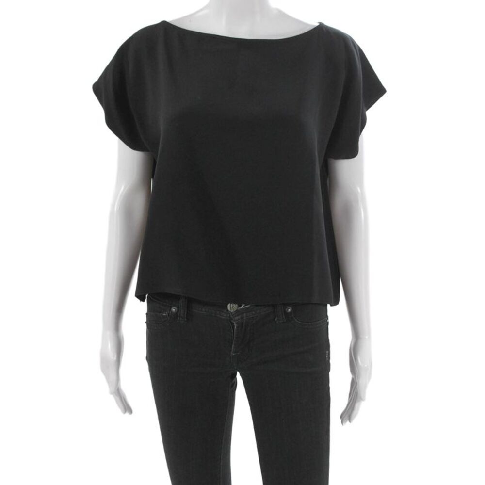 Zoran Women Silk Boat Neck Short Sleeve Blouse Pullover Black Size M